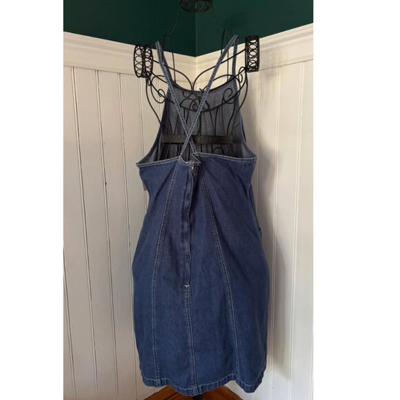 1990s Denim Mini Dress | Vintage Cross Back Light Jean Dress - Picture 2 of 5